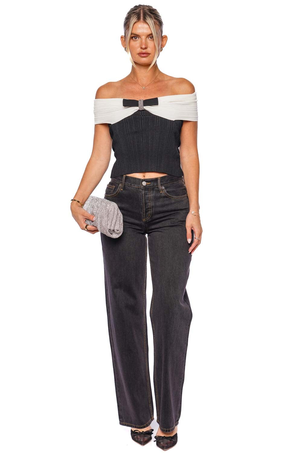 self-portrait Black Knit Bow Off Shoulder Top