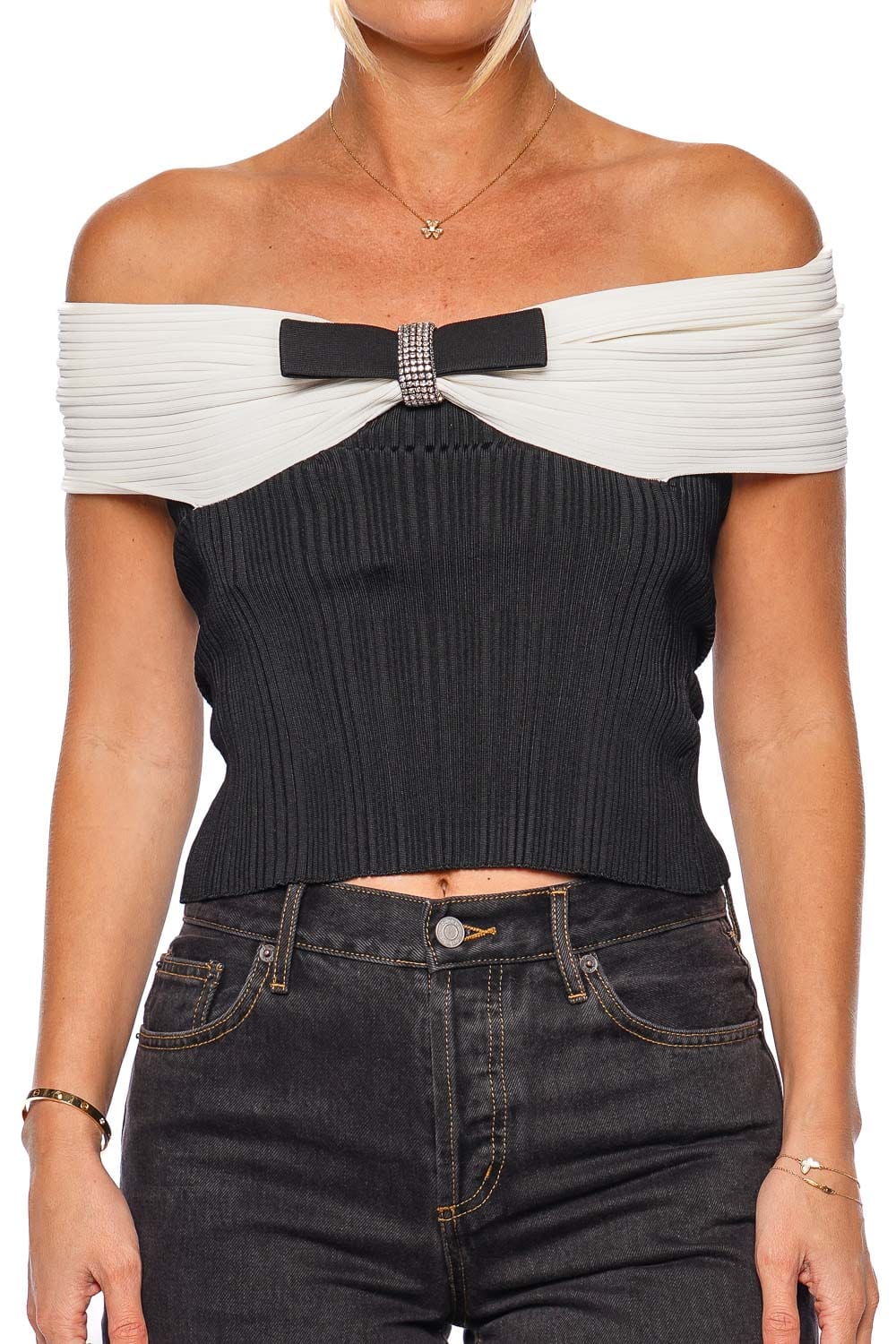 self-portrait Black Knit Bow Off Shoulder Top