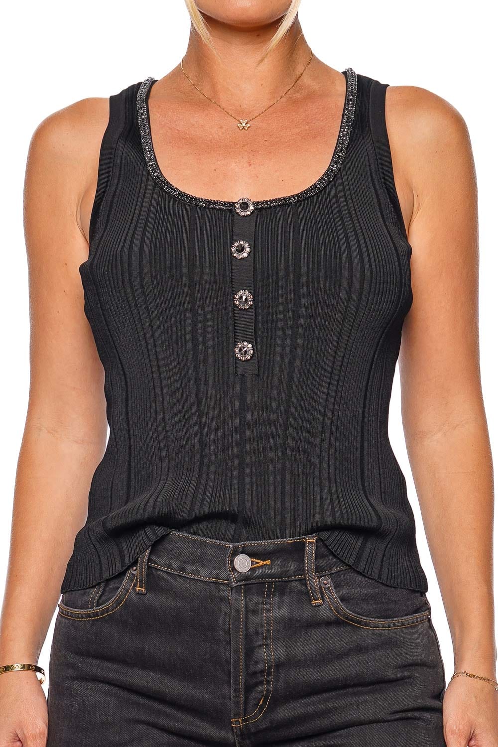 self-portrait Black Embellished Ribbed Knit Tank