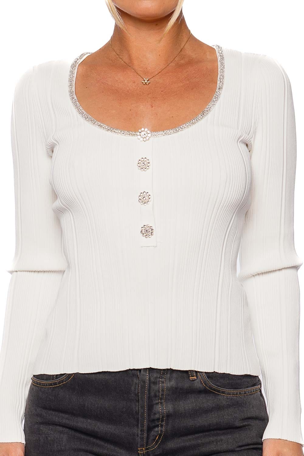 self-portrait White Embellished Ribbed Knit Top