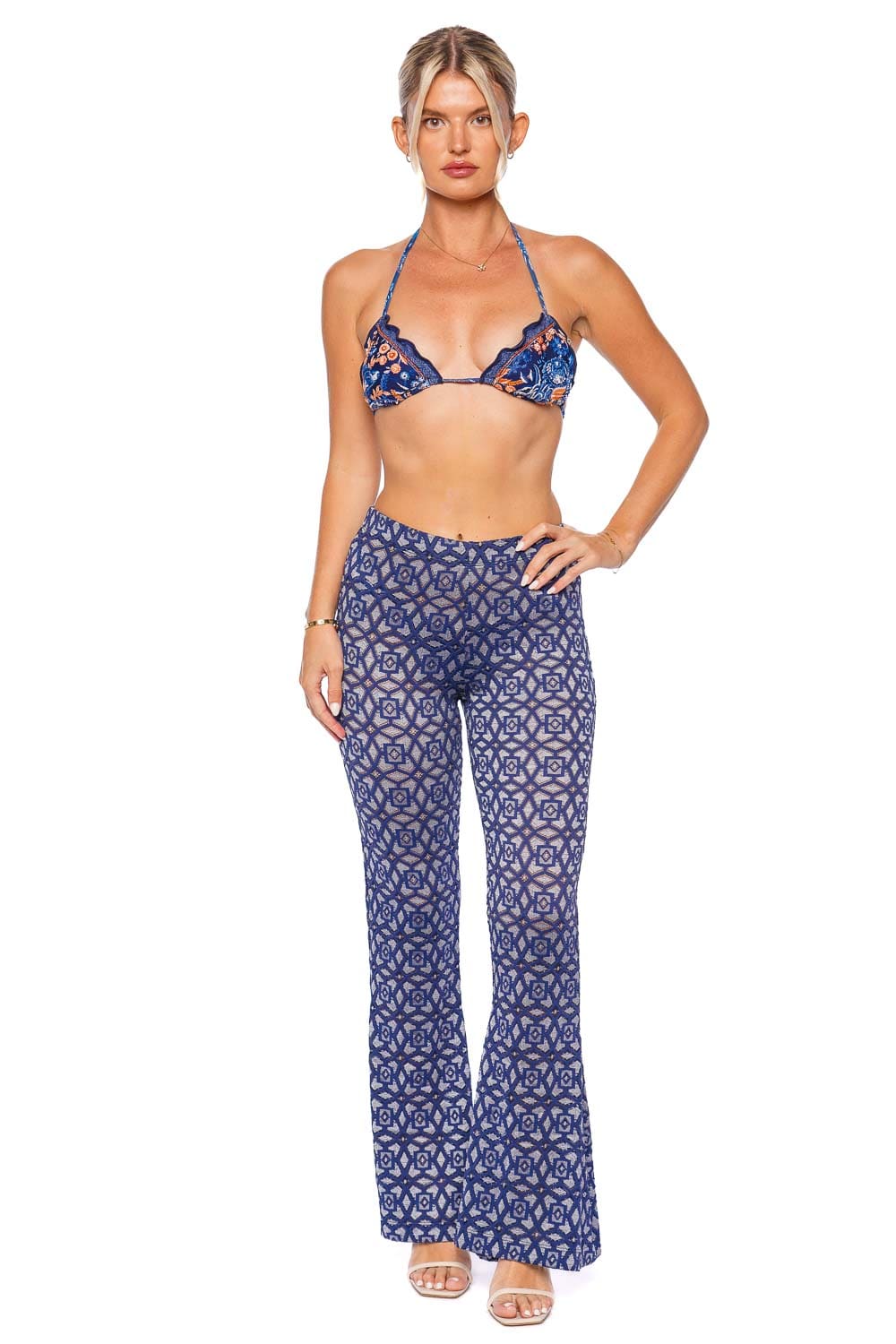 Agua Bendita Monike Azure Embroidered Flare Pant