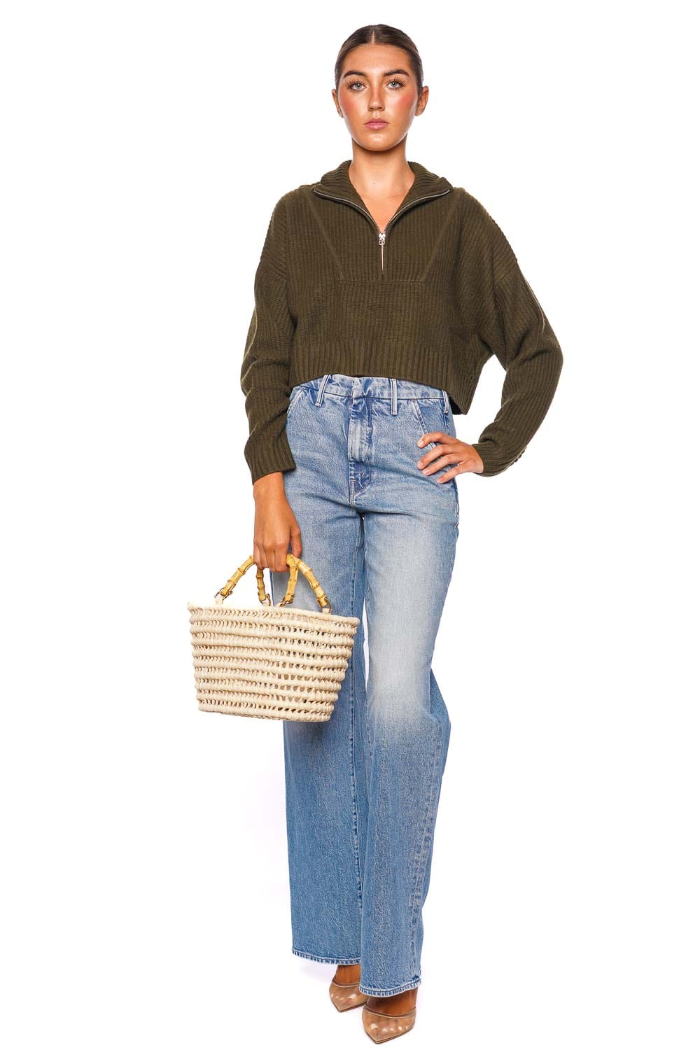 Staud Hampton Olive Cropped Rib Knit Sweater