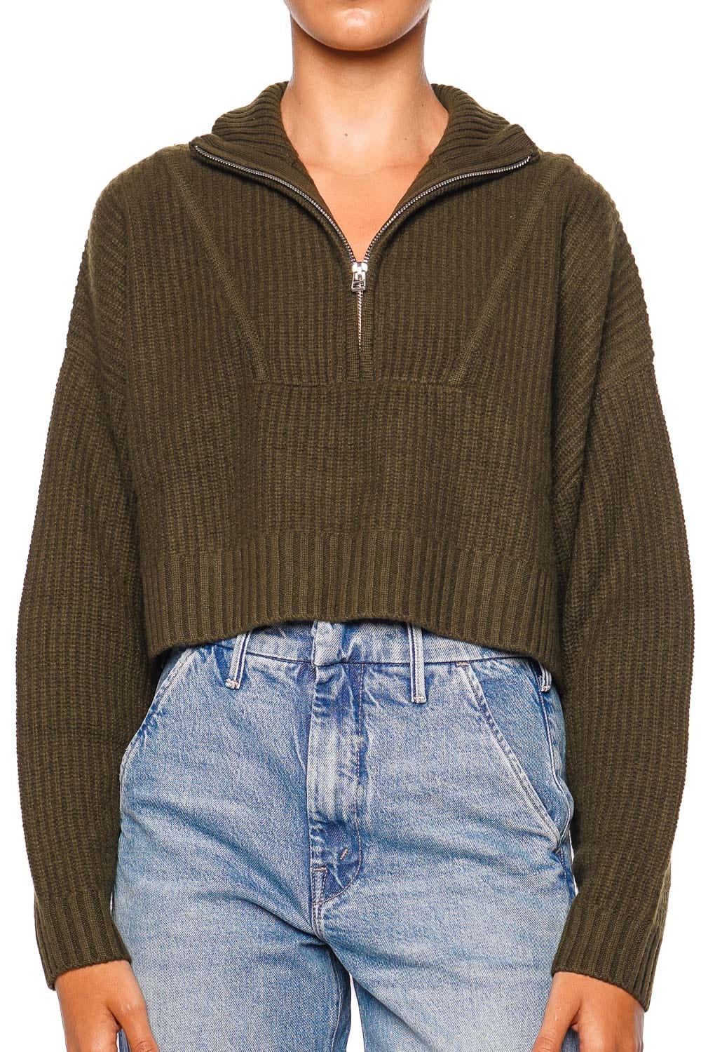 Staud Hampton Olive Cropped Rib Knit Sweater