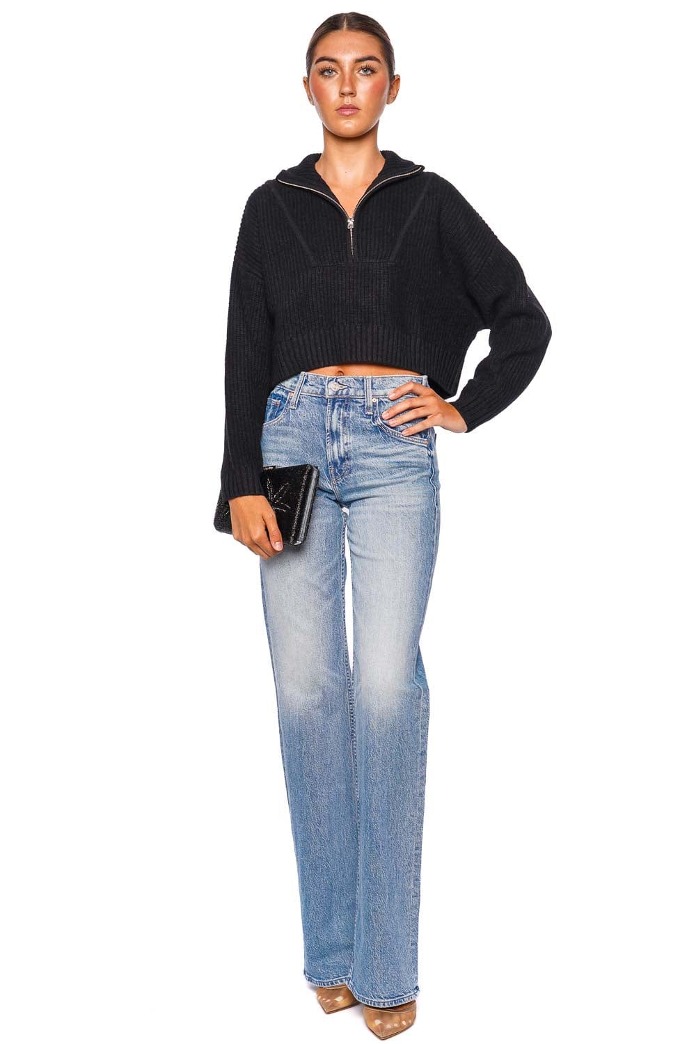 Staud Hamptons Black Cropped Rib Knit Sweater