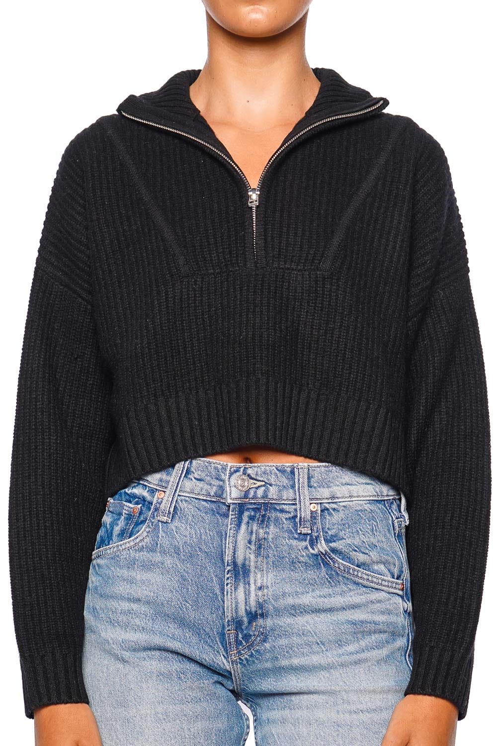 Staud Hamptons Black Cropped Rib Knit Sweater