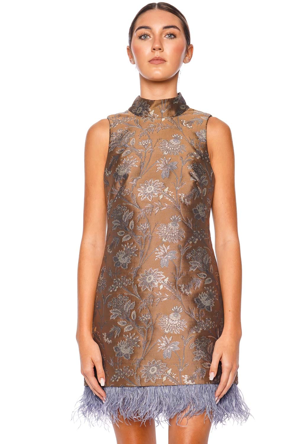 Cara Cara Tay Jacquard Garden Feathered Mini Dress