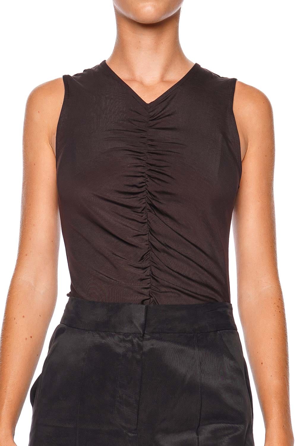 Veronica Beard Neeta Chocolate Ruched Sleeveless Top