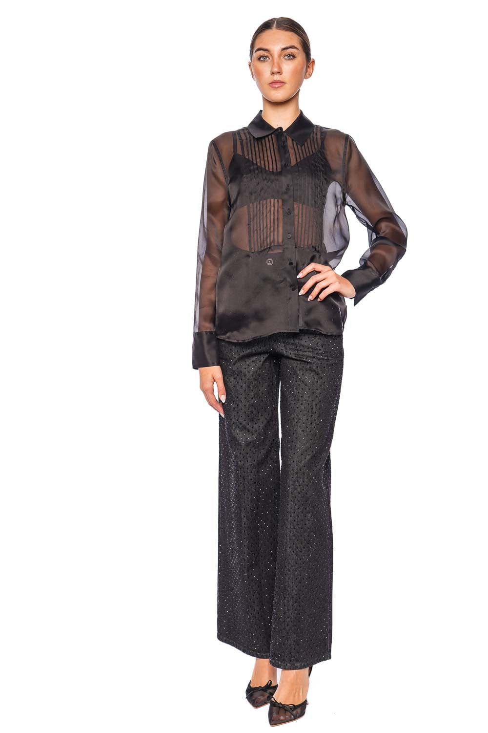 L'AGENCE Divya Sheer Black Silk Pintuck Shirt