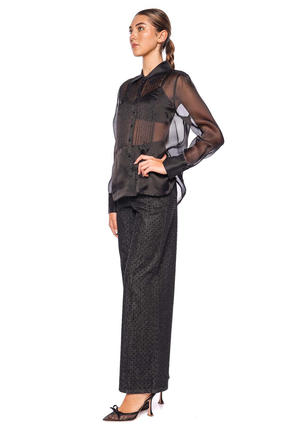 L'AGENCE Divya Sheer Black Silk Pintuck Shirt