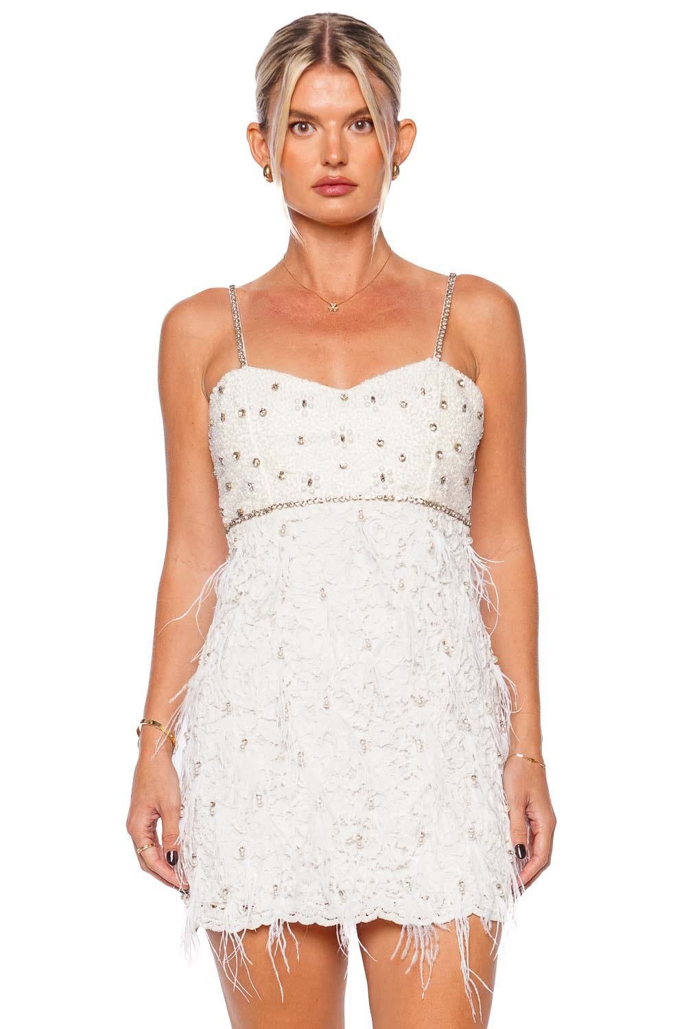 LoveShackFancy Brianne Crystal Feather Embellished Mini Dress