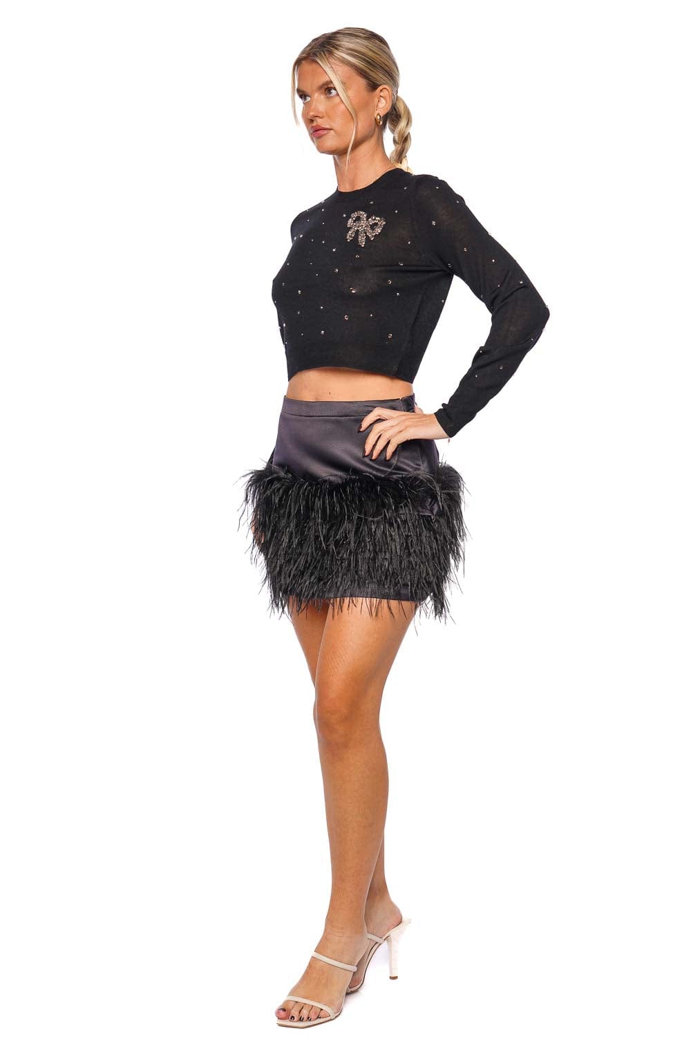 LoveShackFancy Vivette Black Satin Feathered Mini Skirt