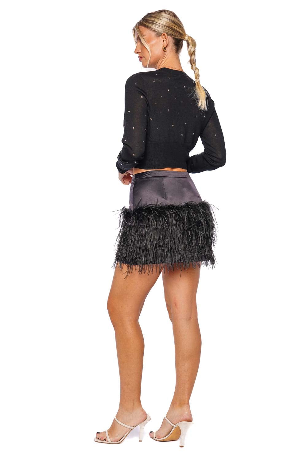 LoveShackFancy Vivette Black Satin Feathered Mini Skirt