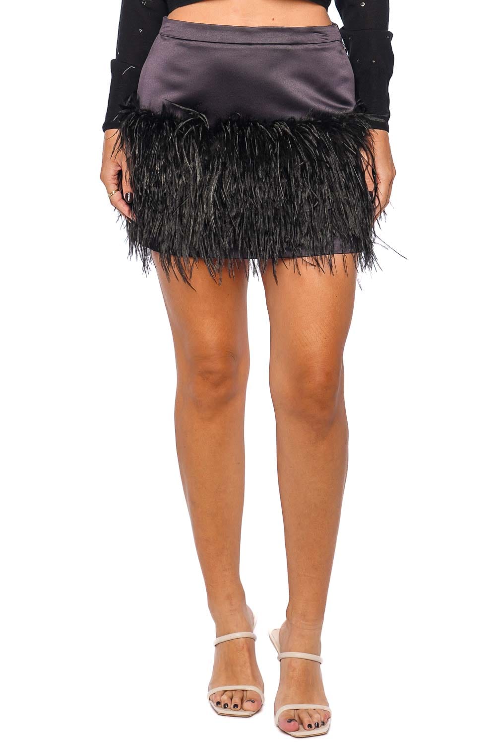 LoveShackFancy Vivette Black Satin Feathered Mini Skirt