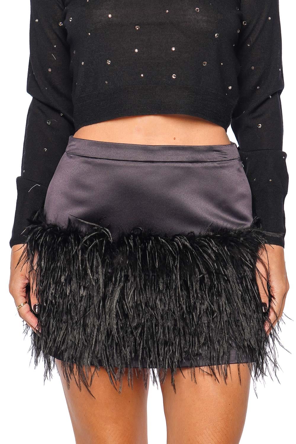 LoveShackFancy Vivette Black Satin Feathered Mini Skirt