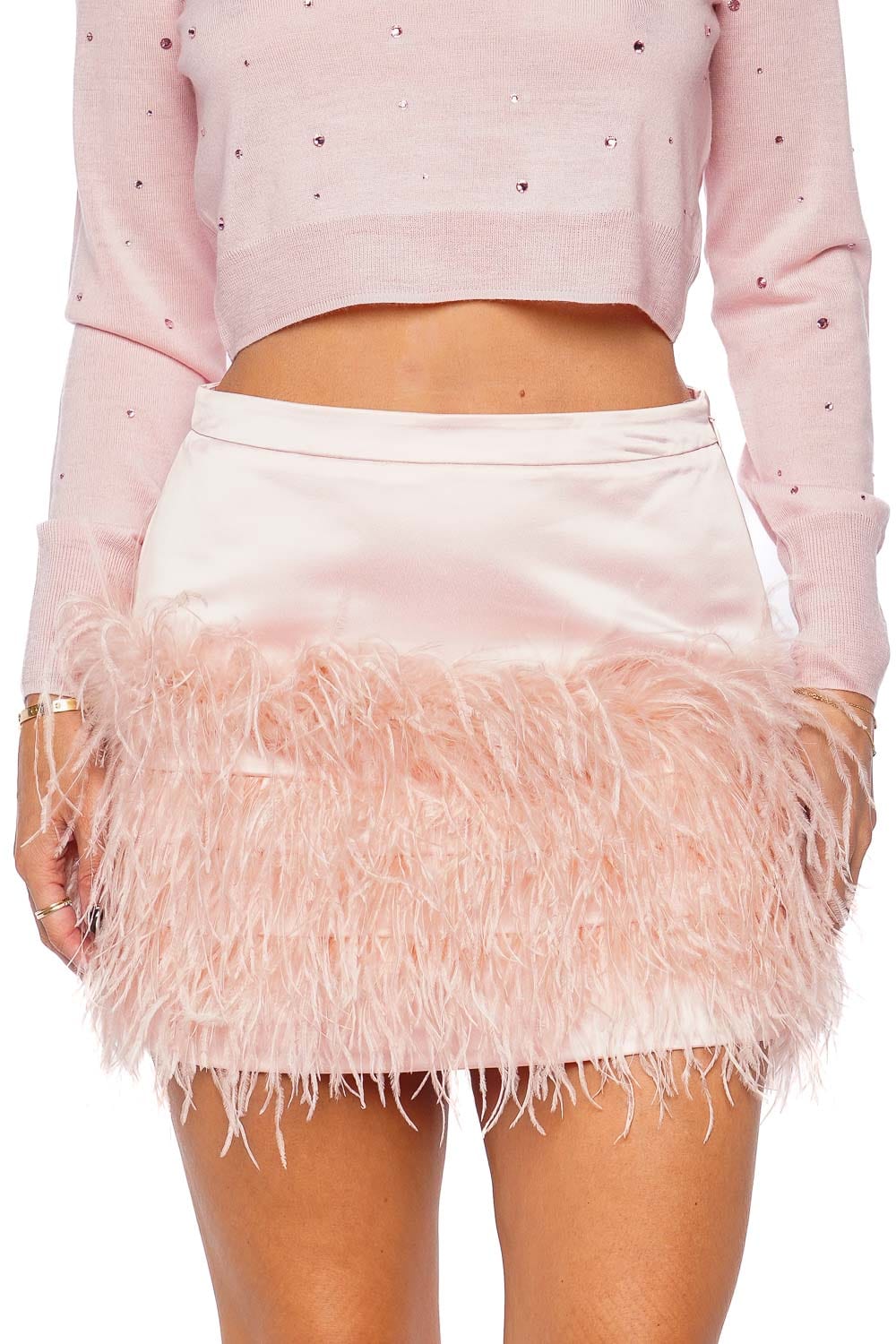 LoveShackFancy Vivette Party Pink Feathered Mini Skirt