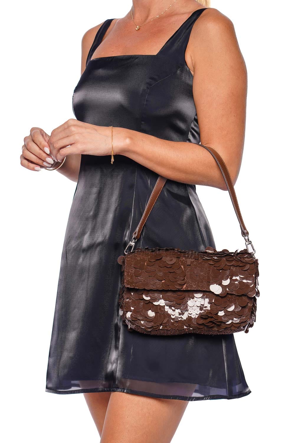 Staud Timmy Cacao Sequin Leather Shoulder Bag