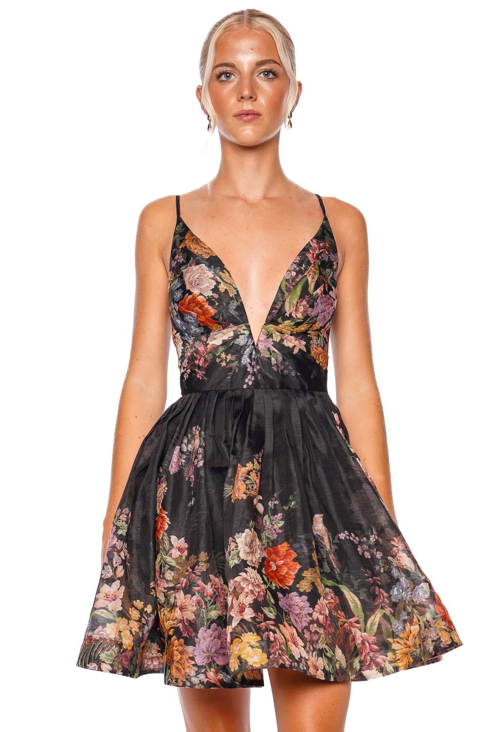 ZIMMERMANN Pavilion Black Floral V Neck Mini Dress