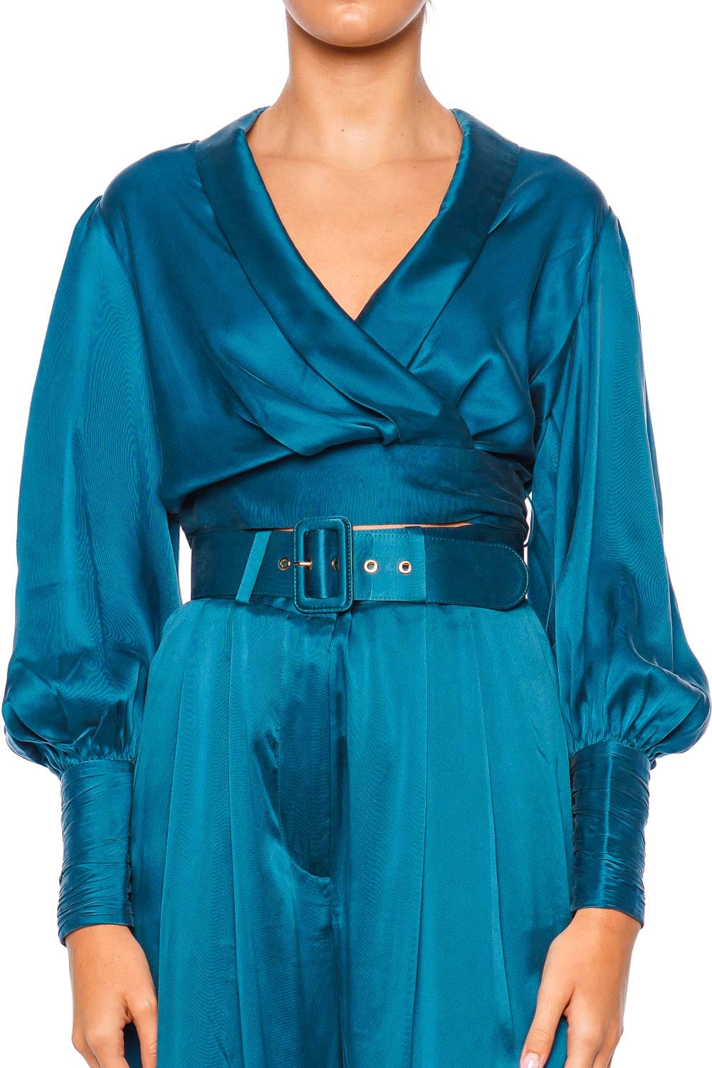 ZIMMERMANN Teal Silk Long Sleeve Wrap Top