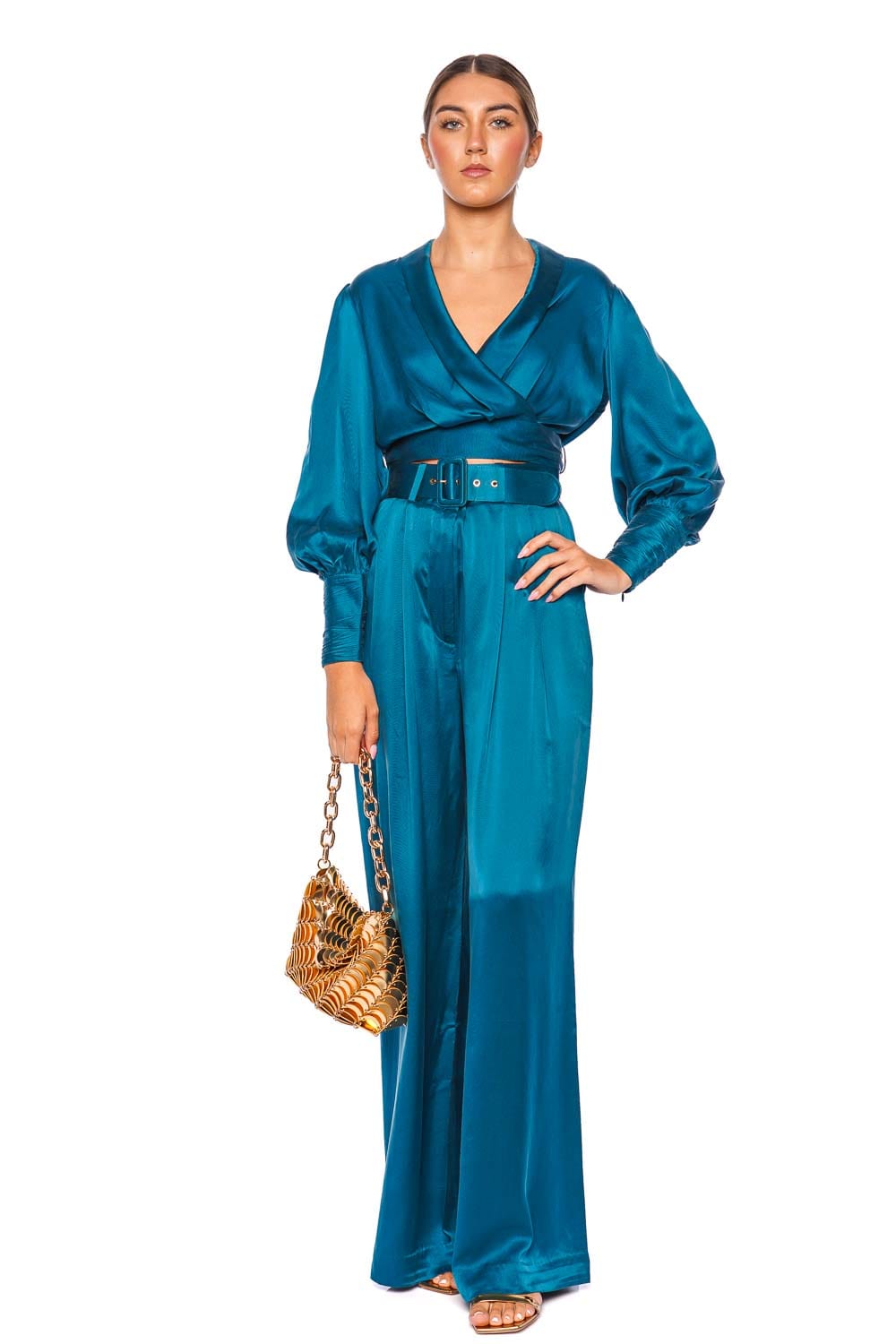 ZIMMERMANN Teal Silk Tuck Wide Leg Pant