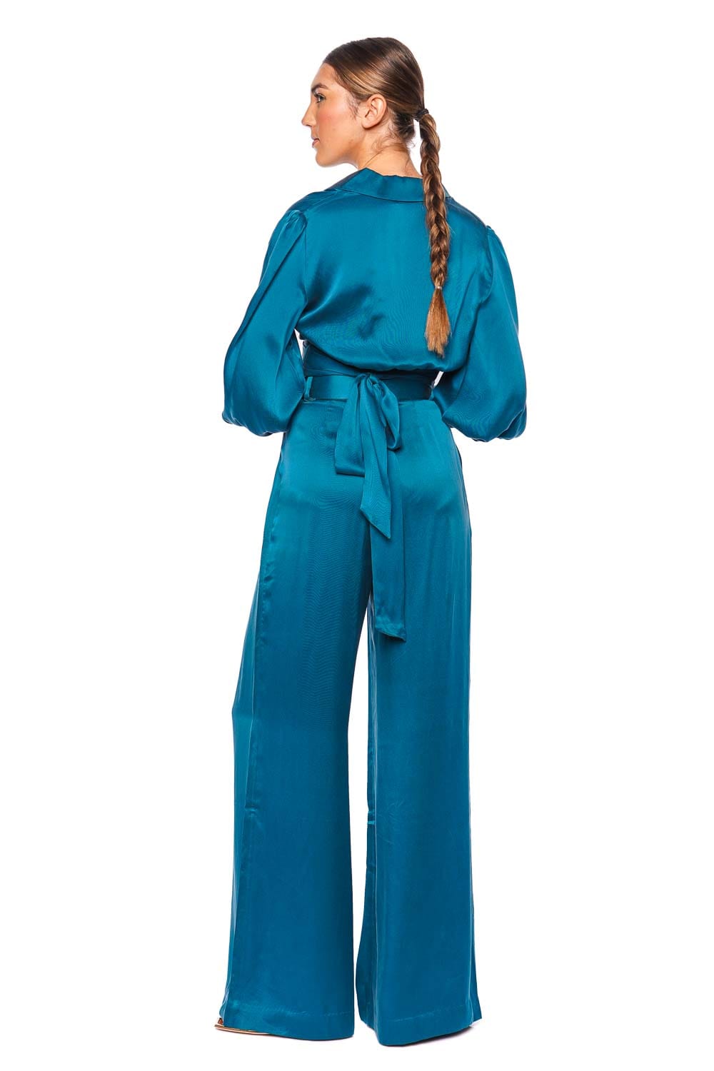 ZIMMERMANN Teal Silk Tuck Wide Leg Pant