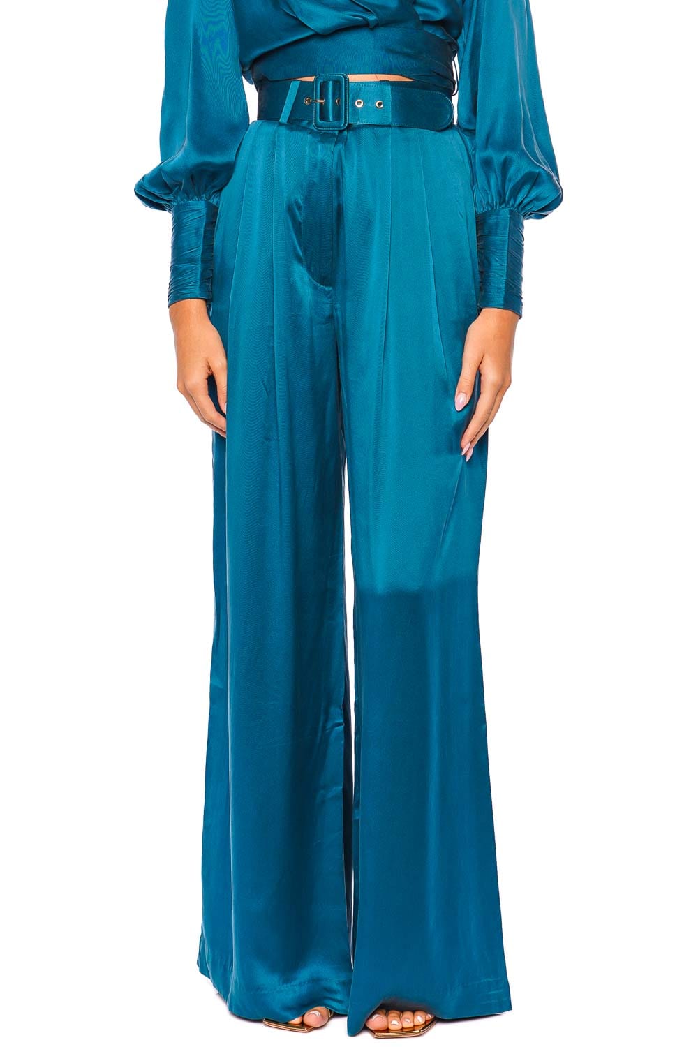 ZIMMERMANN Teal Silk Tuck Wide Leg Pant