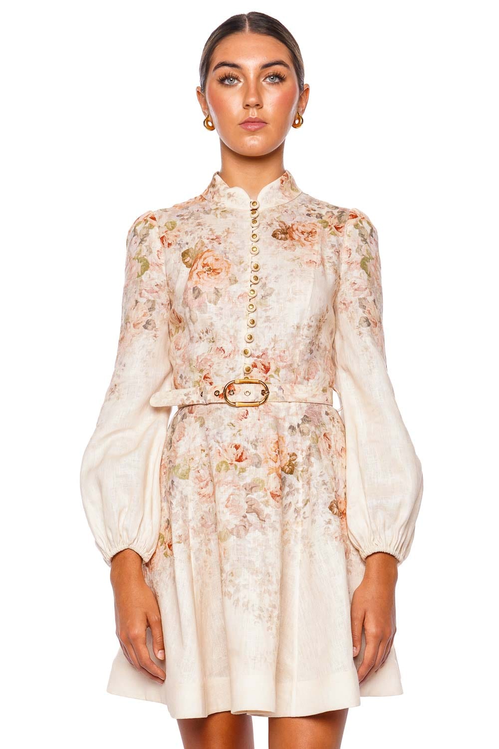 ZIMMERMANN Illustration Floral Long Sleeve Buttoned Mini Dress