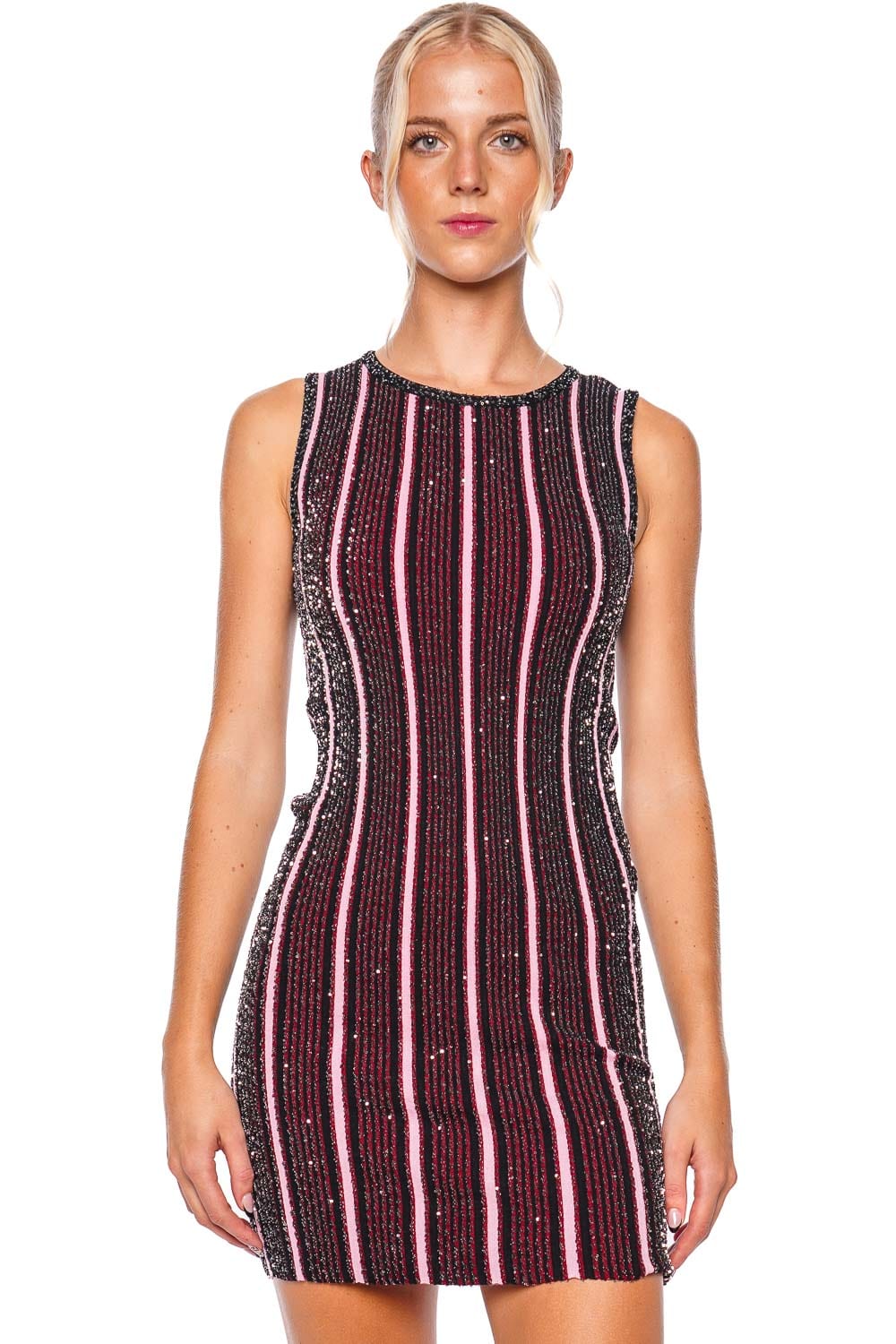 MISSONI Pink Striped Contrast Sequin Knit Mini Dress