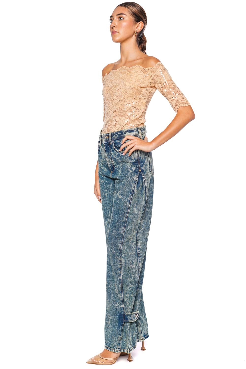 Rabanne Sequin Embroidered Lace Off Shoulder Top