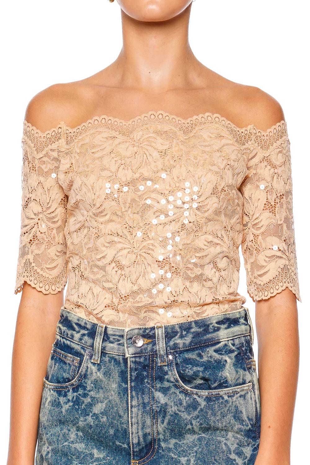 Rabanne Sequin Embroidered Lace Off Shoulder Top