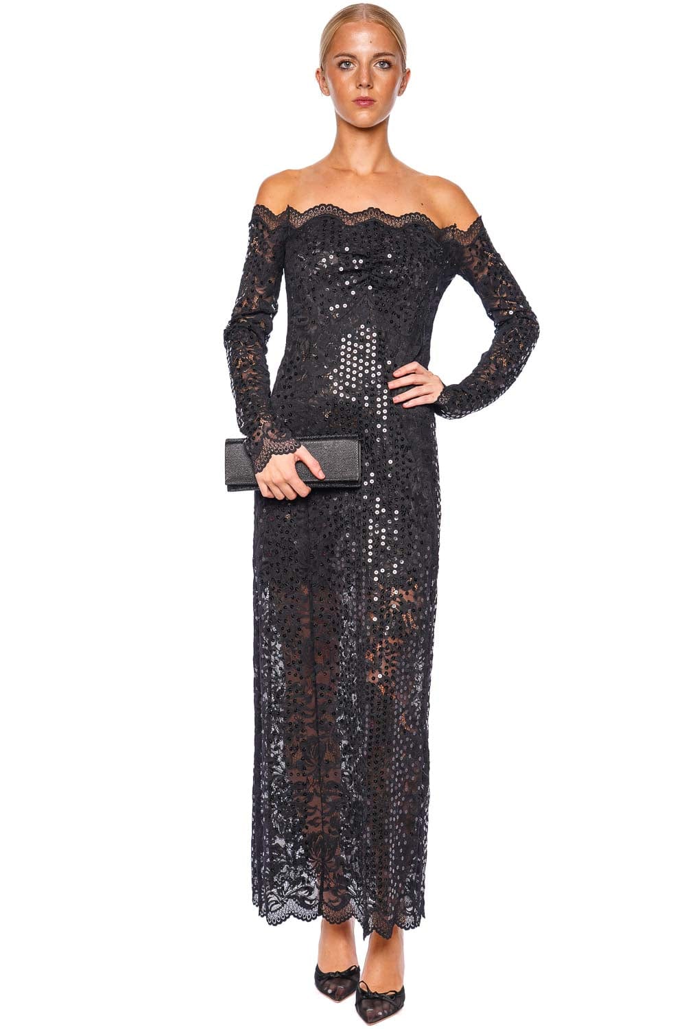 Rabanne Black Sequin Lace Off Shoulder Maxi Dress