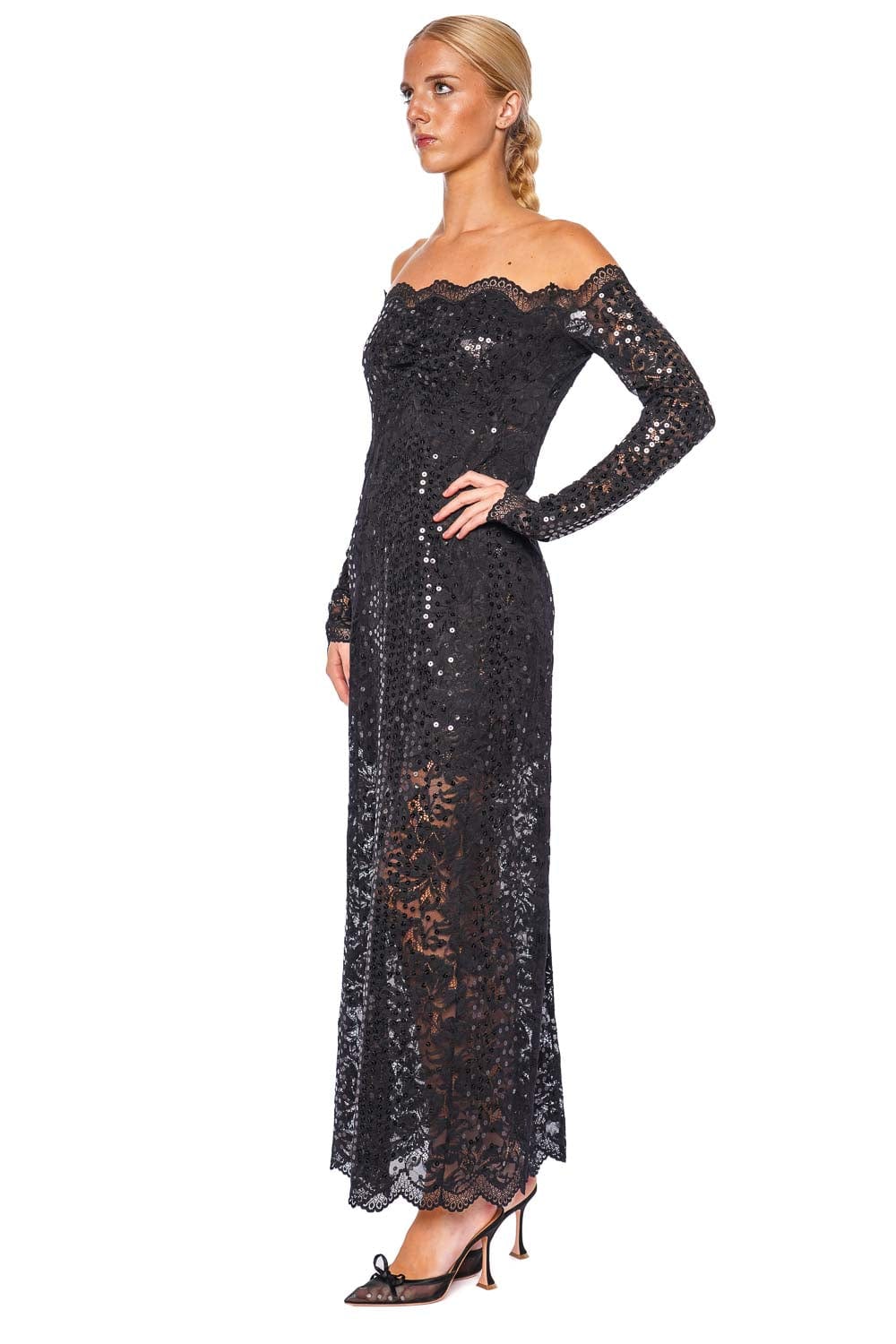 Rabanne Black Sequin Lace Off Shoulder Maxi Dress