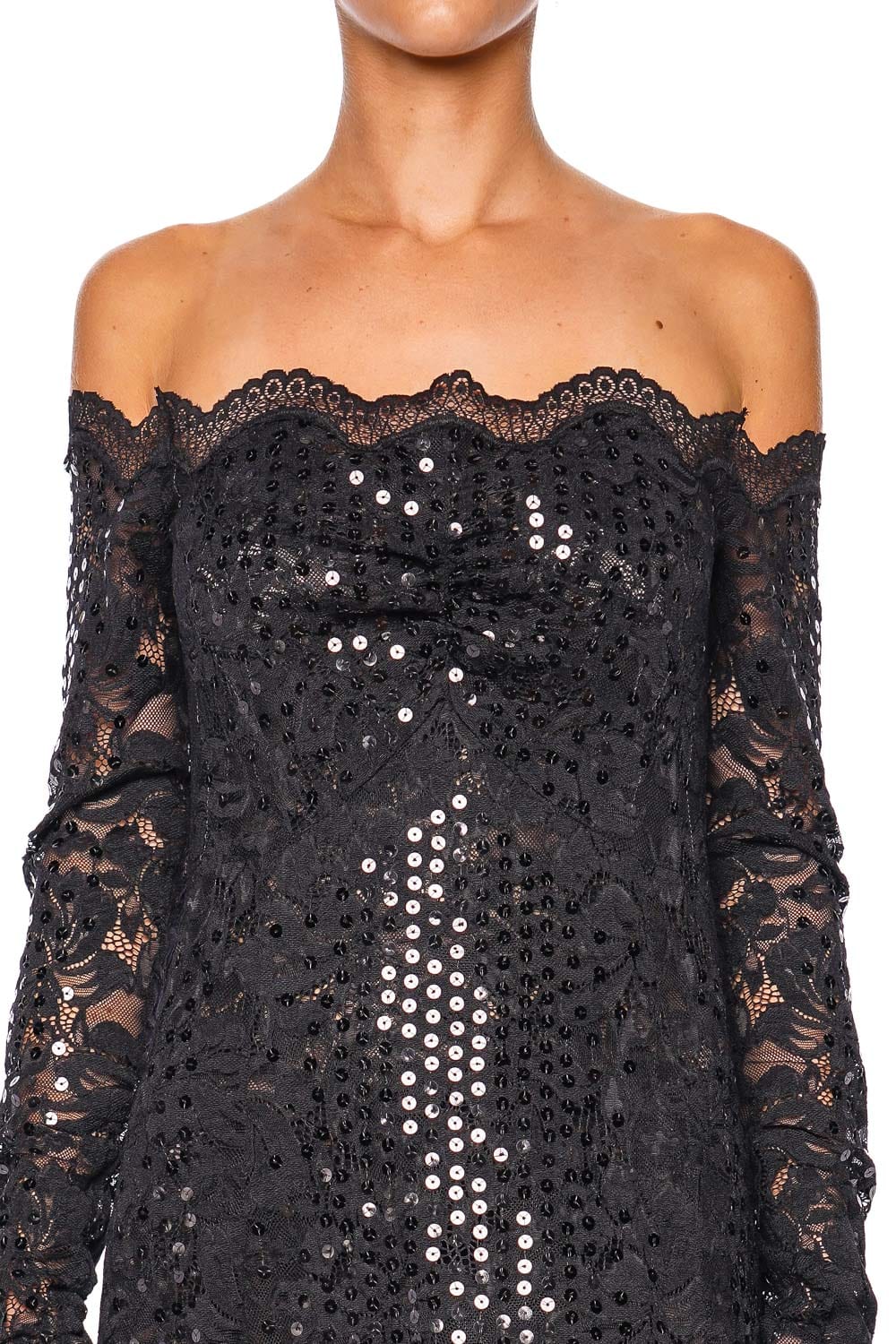 Rabanne Black Sequin Lace Off Shoulder Maxi Dress