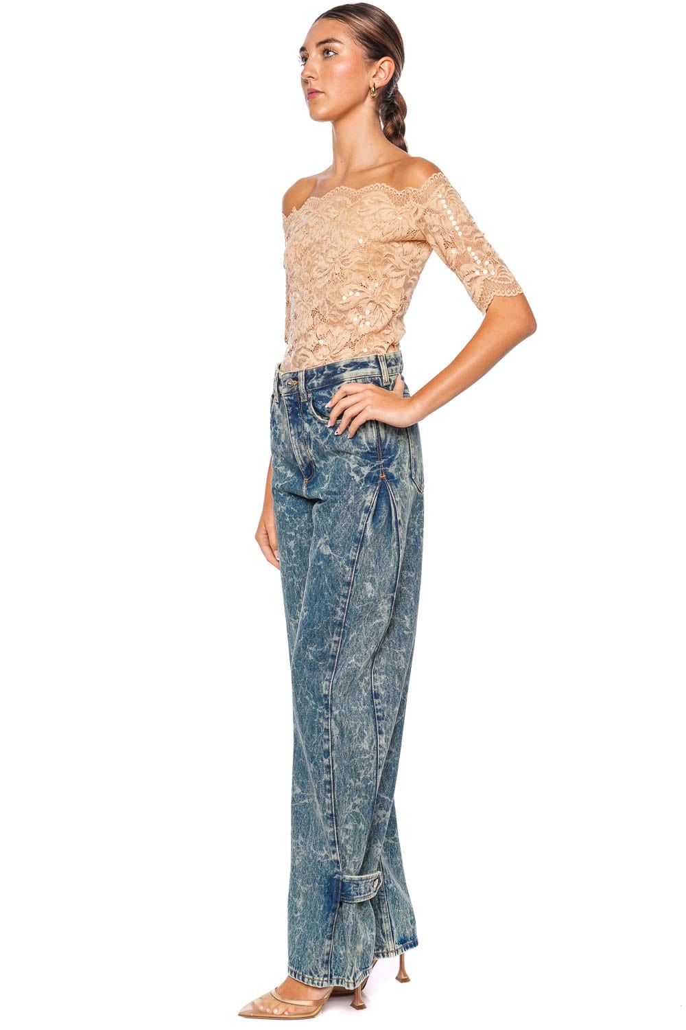 Rabanne Washed Blue Pleated Wide Leg Jeans