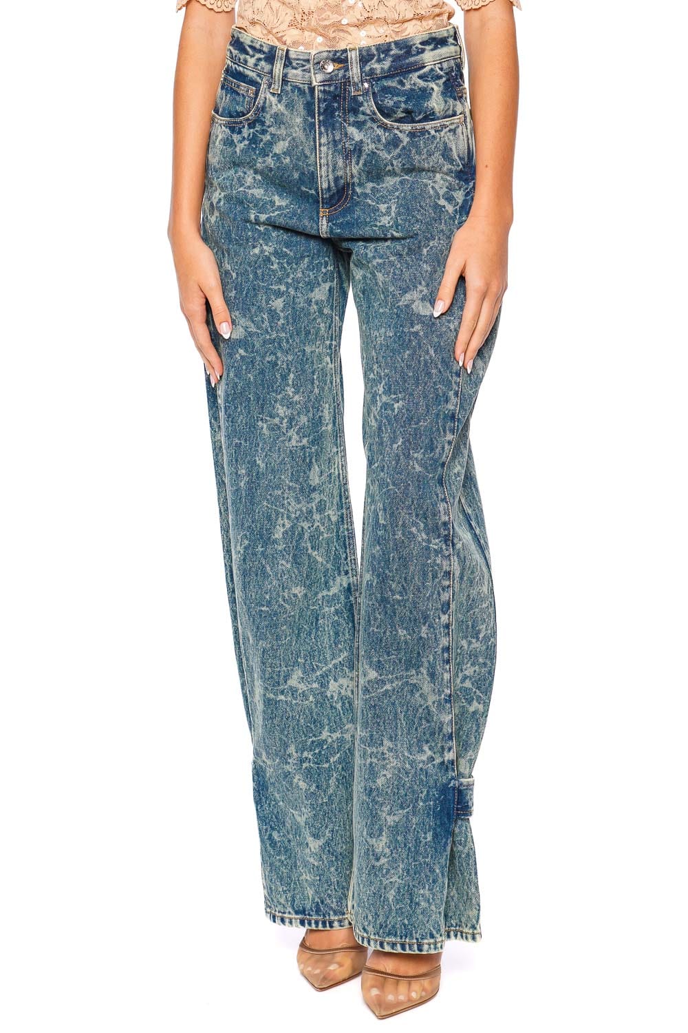 Rabanne Washed Blue Pleated Wide Leg Jeans