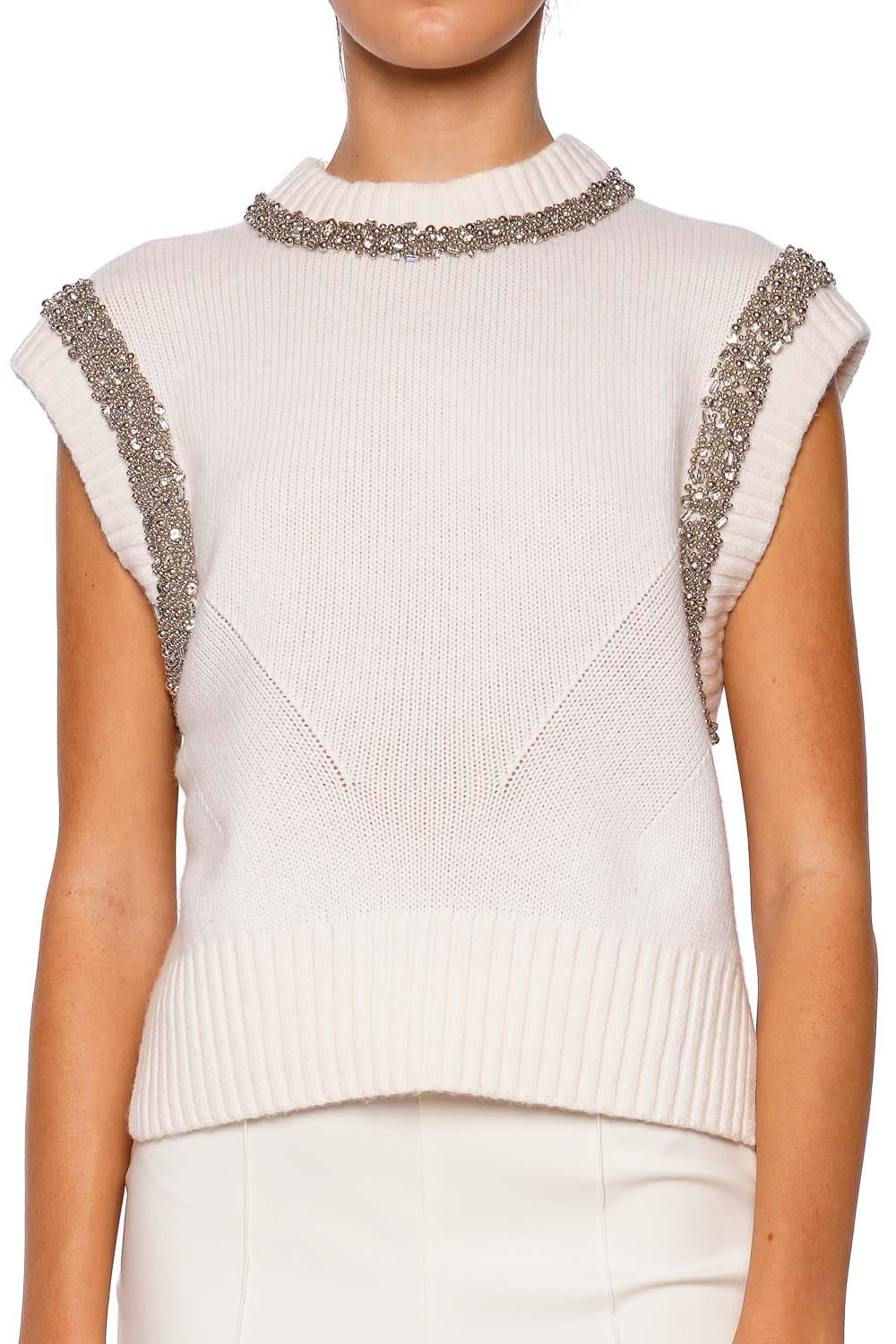 SIMKHAI Joanae Ivory Embellished Knit Sleeveless Pullover