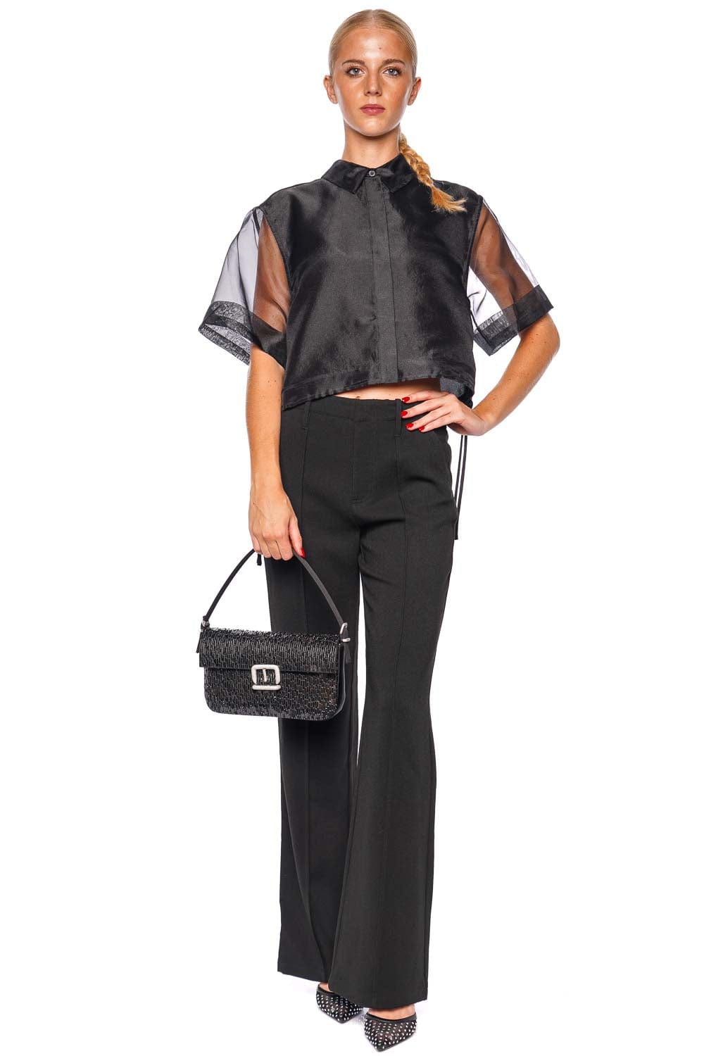 SIMKHAI Ryett Sheer Drawstring Cropped Shirt