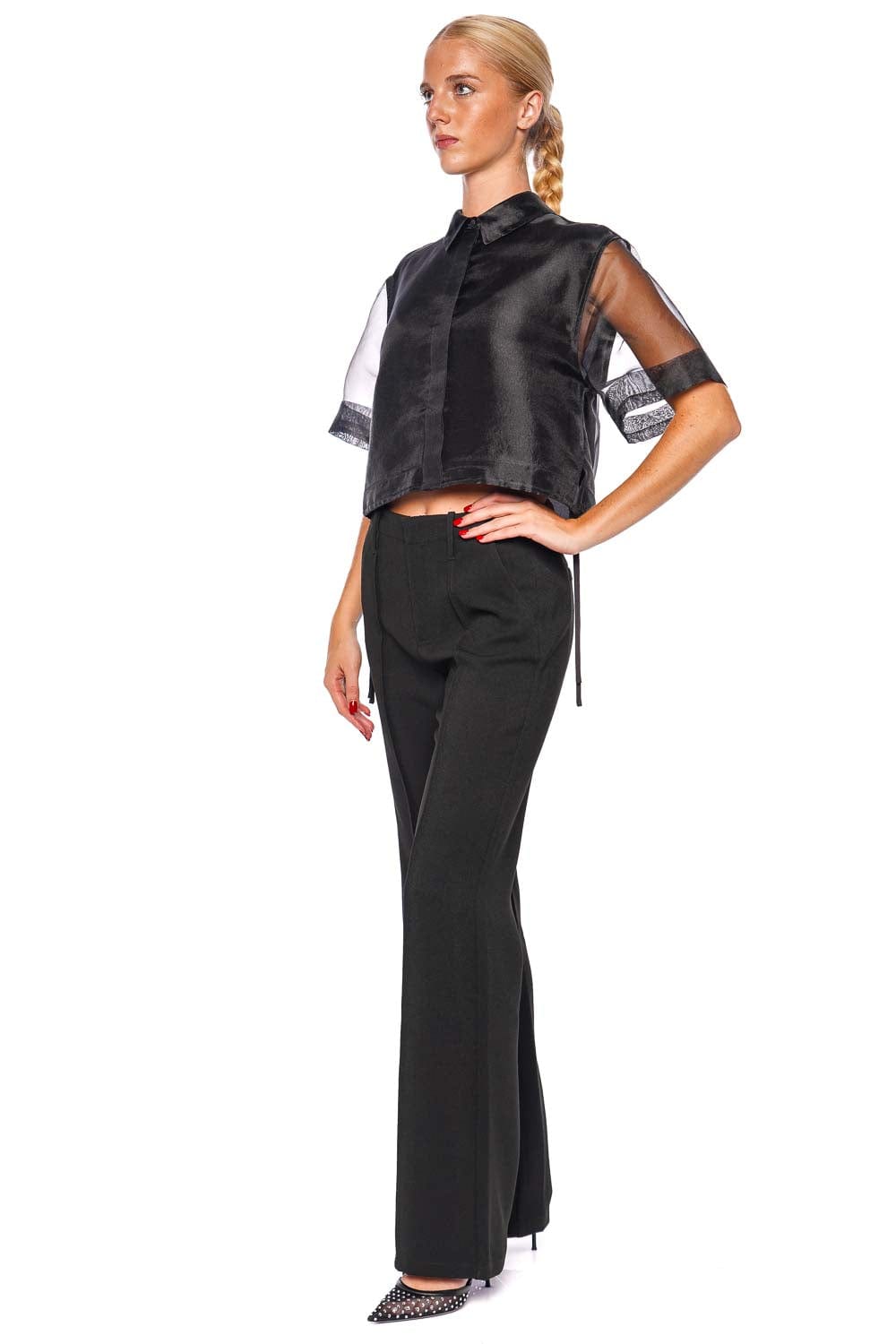 SIMKHAI Ryett Sheer Drawstring Cropped Shirt