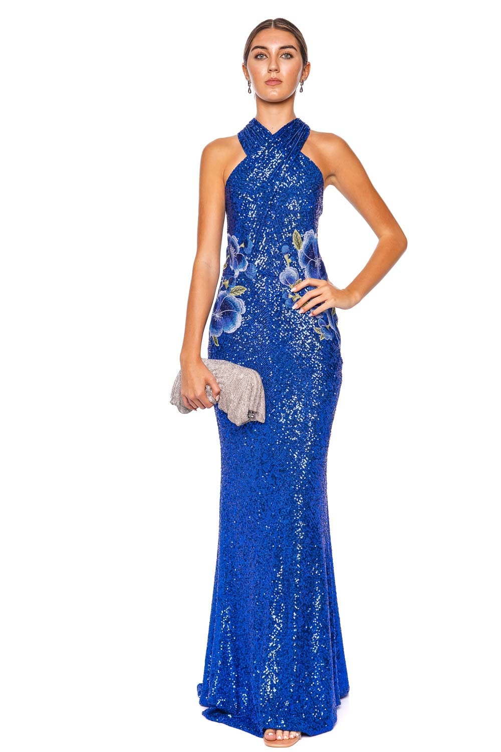 Naeem Khan Blue Floral Stretch Sequin Gown