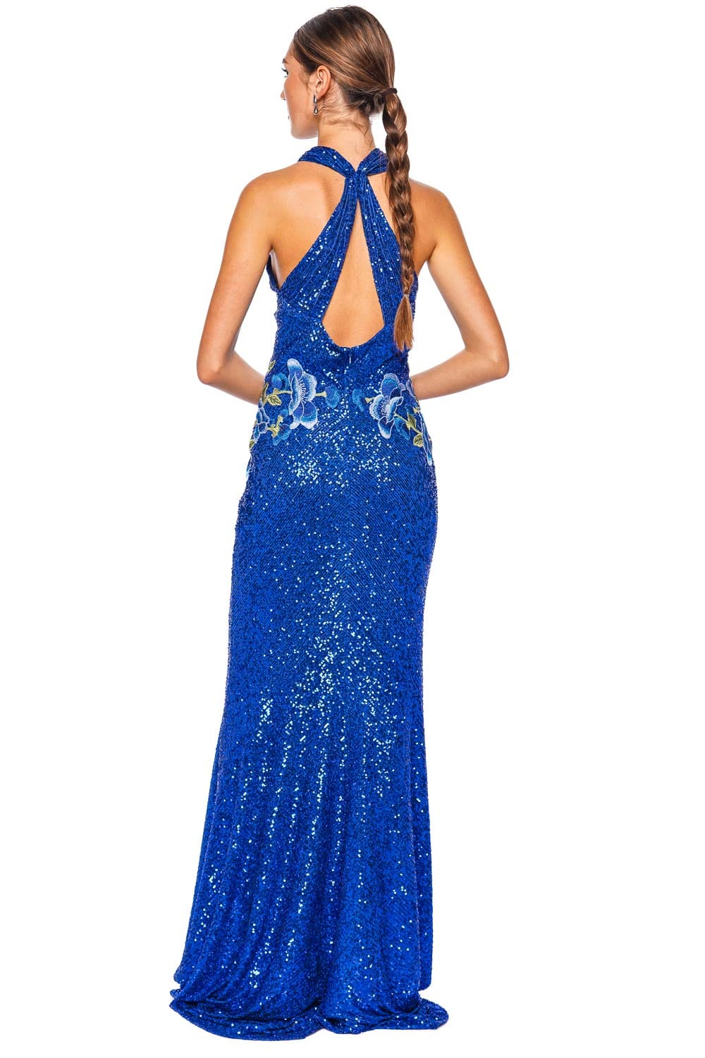 Naeem Khan Blue Floral Stretch Sequin Gown