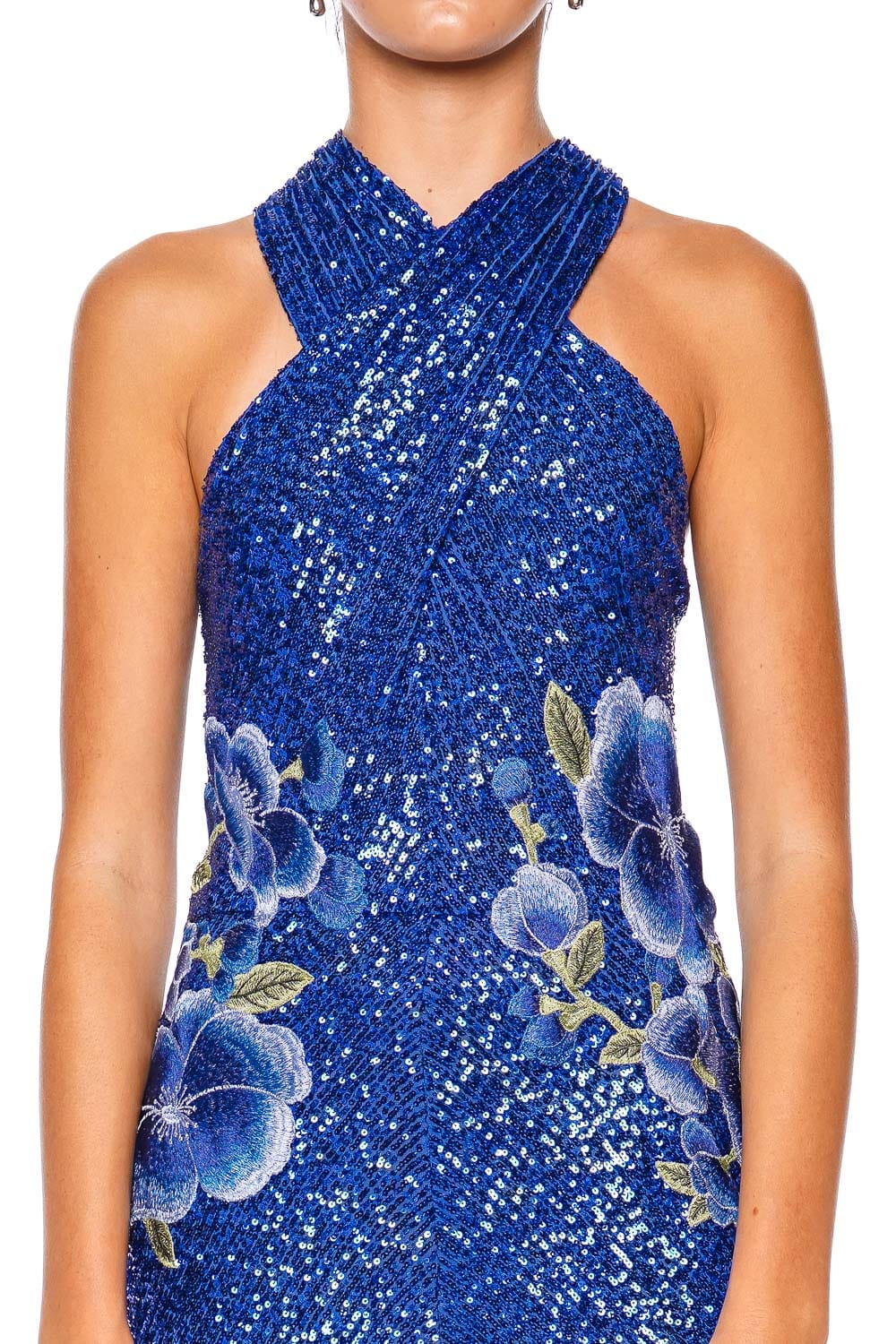 Naeem Khan Blue Floral Stretch Sequin Gown