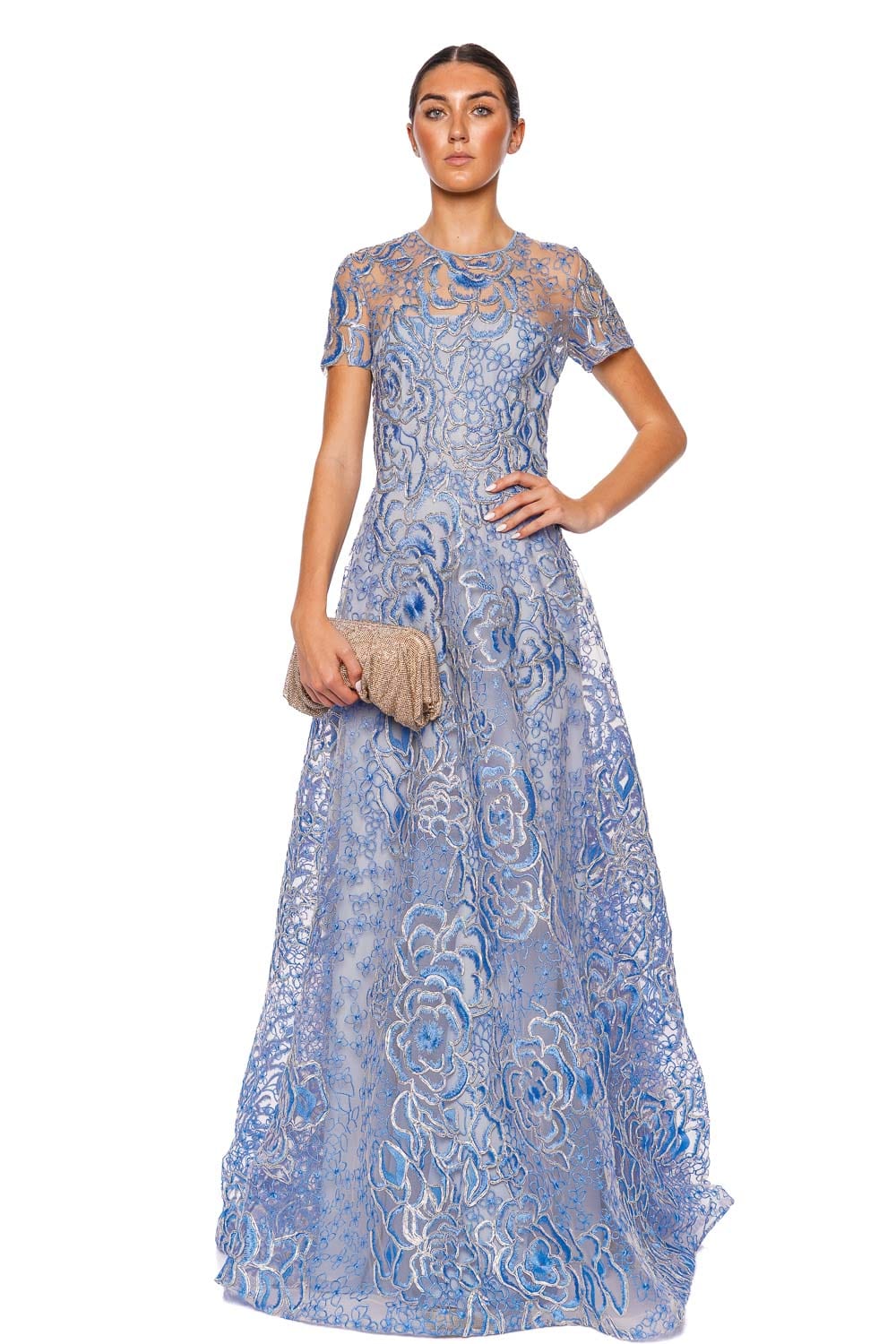 Naeem Khan Blue Floral Raffia Cap Sleeve Gown