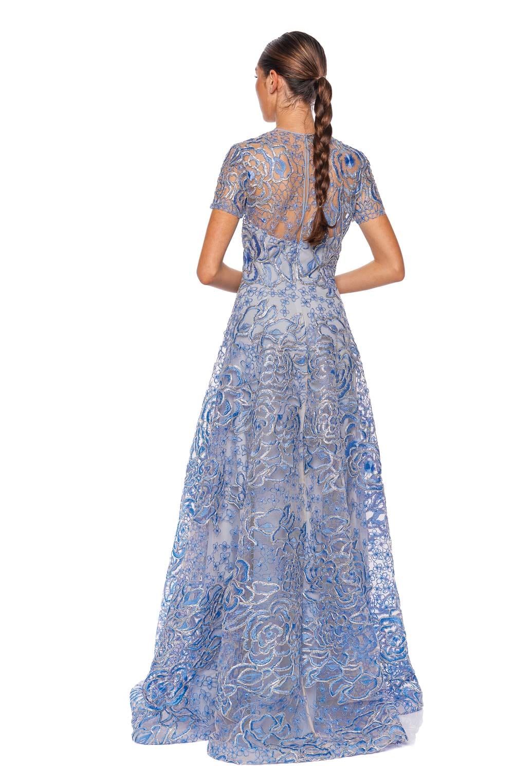 Naeem Khan Blue Floral Raffia Cap Sleeve Gown