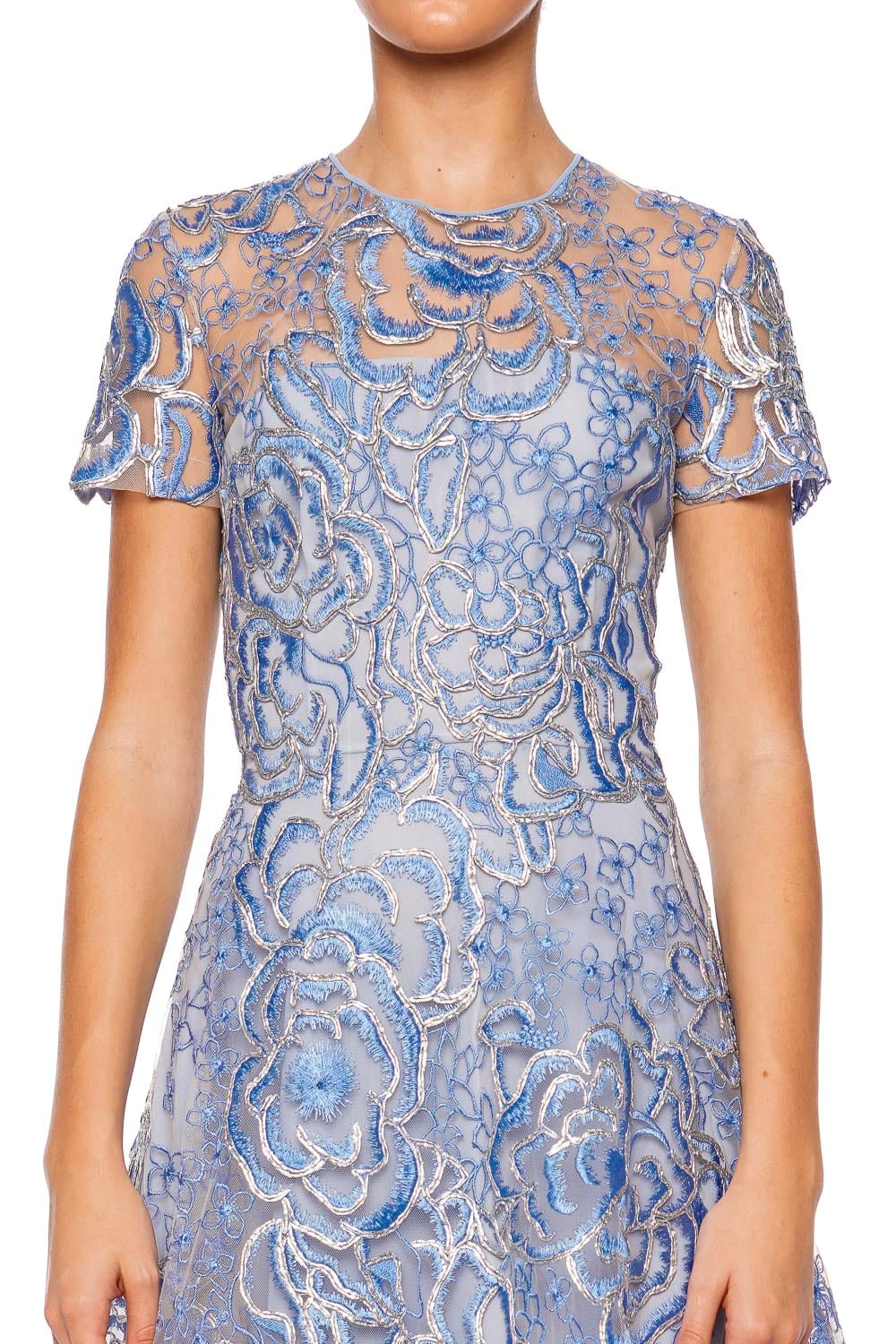 Naeem Khan Blue Floral Raffia Cap Sleeve Gown