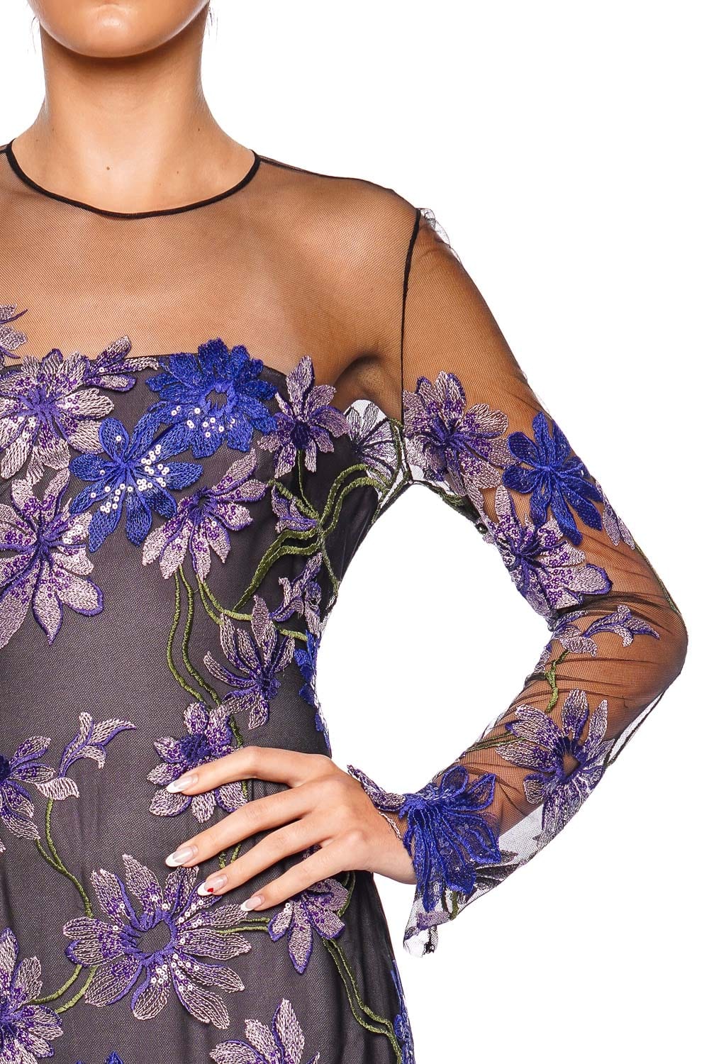 Naeem Khan Floral Illusion Long Sleeve Gown