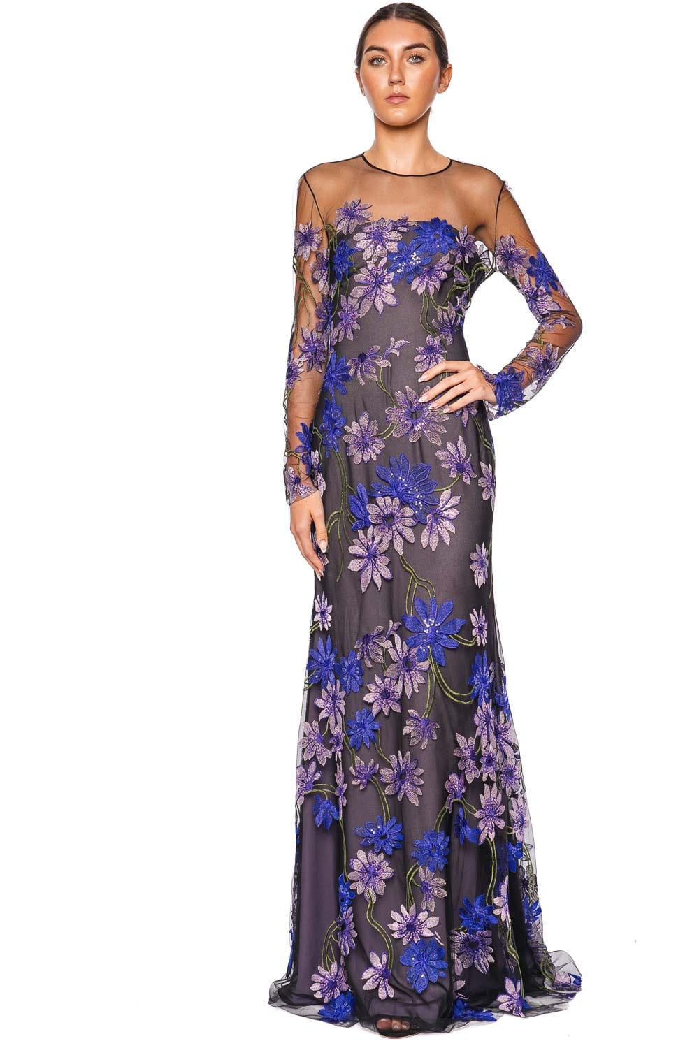 Naeem Khan Floral Illusion Long Sleeve Gown