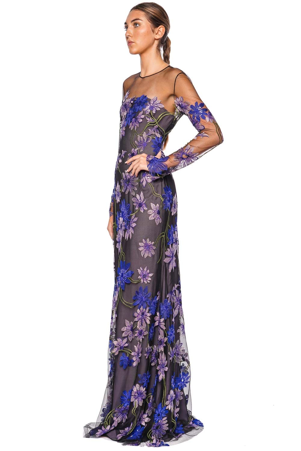 Naeem Khan Floral Illusion Long Sleeve Gown