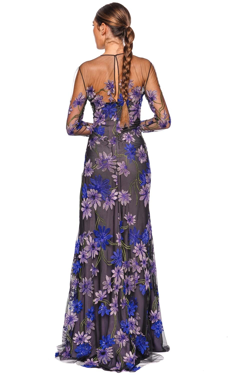 Naeem Khan Floral Illusion Long Sleeve Gown