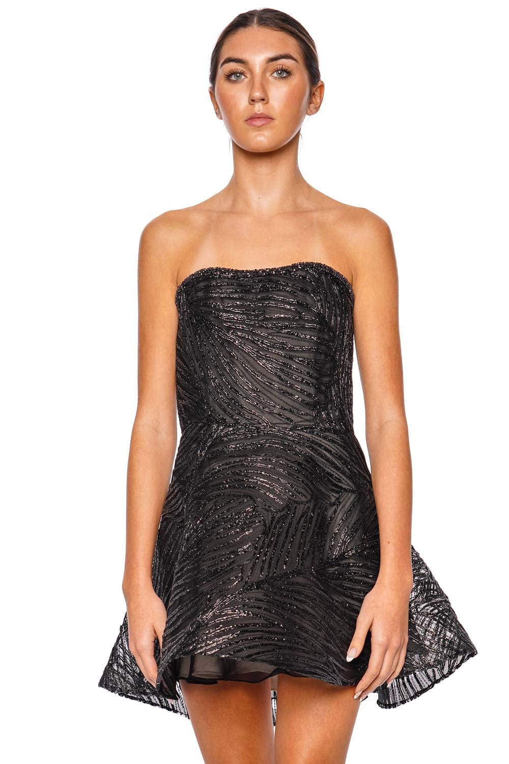 Naeem Khan Black Raffia Embroidered Strapless Mini Dress