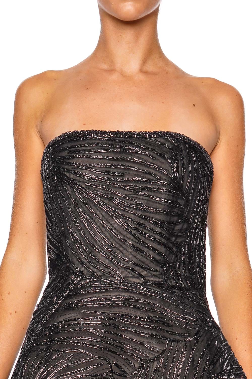 Naeem Khan Black Raffia Embroidered Strapless Mini Dress