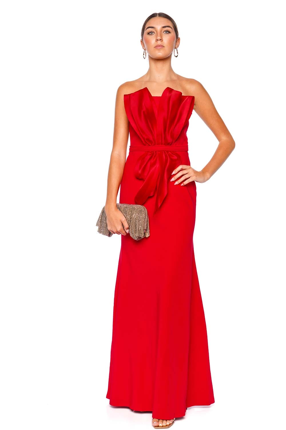 Andres Otalora Raquira Red Bow Strapless Maxi Dress